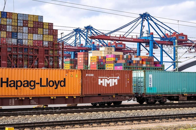 Port of Hamburg, Waltershofer Hafen, container ships, goods train brings and collects freight containers to and from HHLA Container Terminal Burchardkai, Hamburg, Germany, Europe