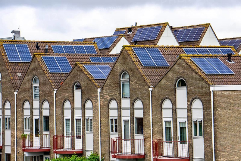 Solar modules on roofs, on pitched roofs of residential buildings, Vlissingen, Netherlands