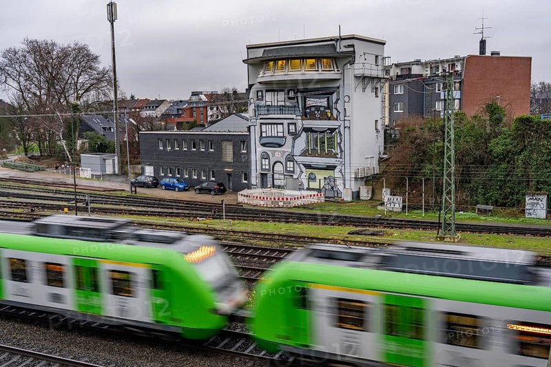 The Deutsche Bahn AG signal box in Mülheim-Styrum, controls train traffic on one of the busiest railway lines in Germany, between Essen and Duisburg, suburban trains, regional trains, ICE and IC long-distance trains and freight traffic, North Rhine-Westphalia, Germany, Europe