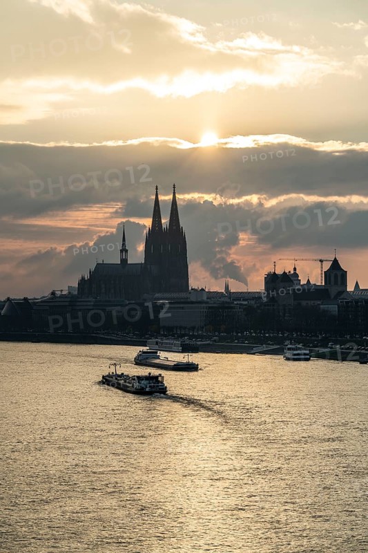 The Rhine near Cologne, sunset, Cologne Cathedral, cargo ship, North Rhine-Westphalia, Germany, Europe