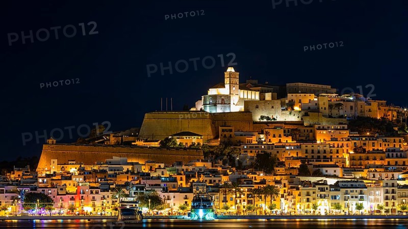 Illuminated fortress and old town, night shot, Eivissa, Ibiza Town, Ibiza, Balearic Islands, Mediterranean Sea, Spain, Europe