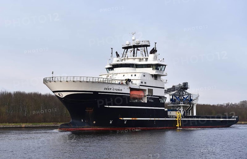 Offshore wind farm supply ship Deep Cygnus in the Kiel Canal, Schleswig-Holstein, Germany, Europe