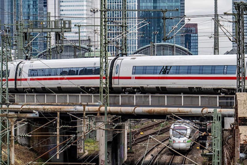 ICE train on the track in front of the main station of Frankfurt am Main, Skyline, Hesse, Germany, Europe