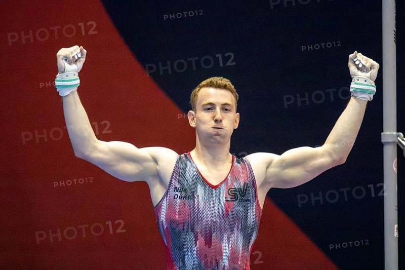 22.06.2024: Olympic qualification in apparatus gymnastics in Rüsselsheim Image: Nils Dunkel after his routine on high bar