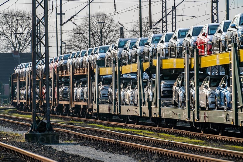 VW plant, Emden, new cars, car transporter, car train, goods train, with VW vehicles, Lower Saxony, Germany, Europe