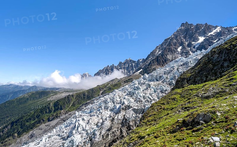 Mountain landscape with glacier Glacier des Bossons and summit of the Aiguille du Midi, Chamonix, Haute-Savoie, France, Europe