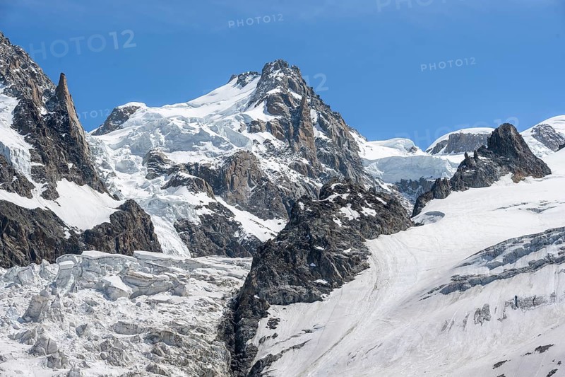 La Jonction, glacier tongue, Glacier des Bossons meets Glacier de Taconnaz, summit of Mont Maudit and Mont Blanc, Chamonix, Haute-Savoie, France, Europe