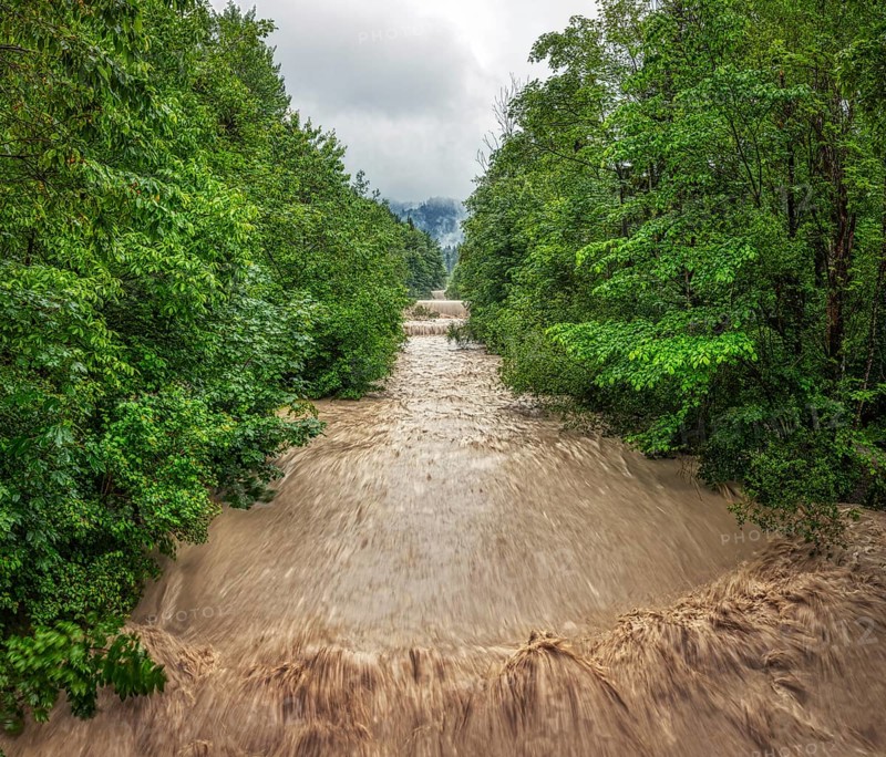 A full, fast-flowing river at high water level surrounded by green forest, Jenbach, Bad Feilnbach