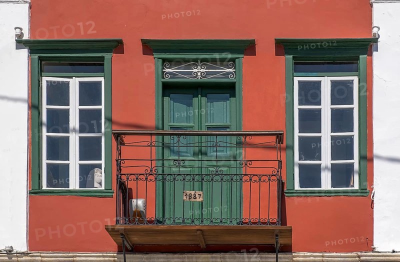 House facade with balcony, Symi Island, Dodecanese, Greek Islands, Greece, Europe