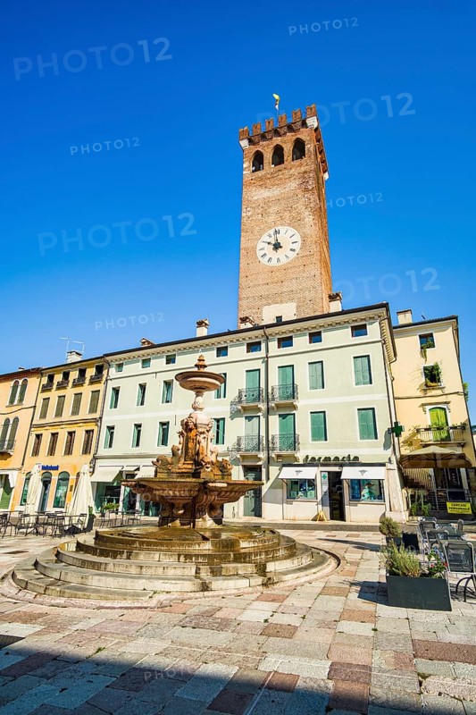 Torre Civica and Fontana Bonaguro, Piazza Garibaldi, Bassano del Grappa, Veneto, Italy, Europe