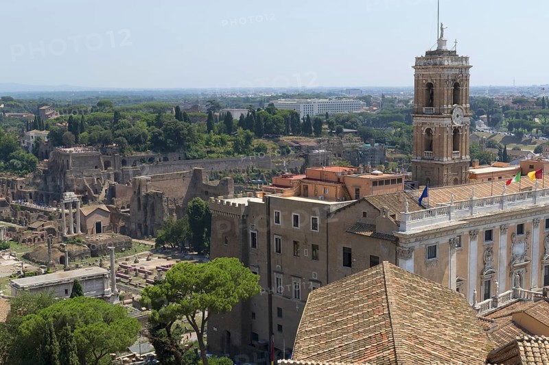 Monumento Vittorio Emanuele II, view of the Torre della Patarina and Palazzo Senatorio, Rome, Italy, Europe