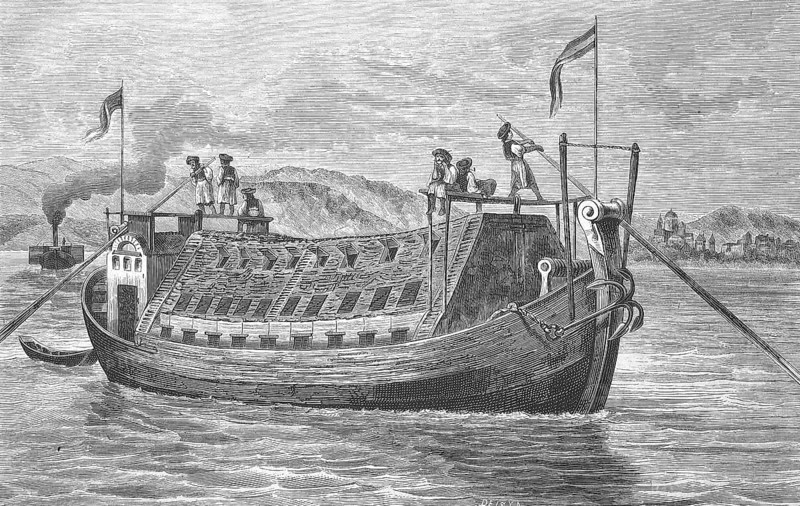 Hungarian grain ship on the Danube, Historical, digitally restored reproduction from a 19th century model, around 1890, Record date not stated