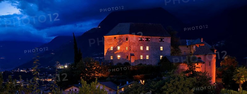 Night shot of Schenna Castle, Castelo, Schenna, Scena, South Tyrol, Autonomous Province of Bolzano, Italy, Europe