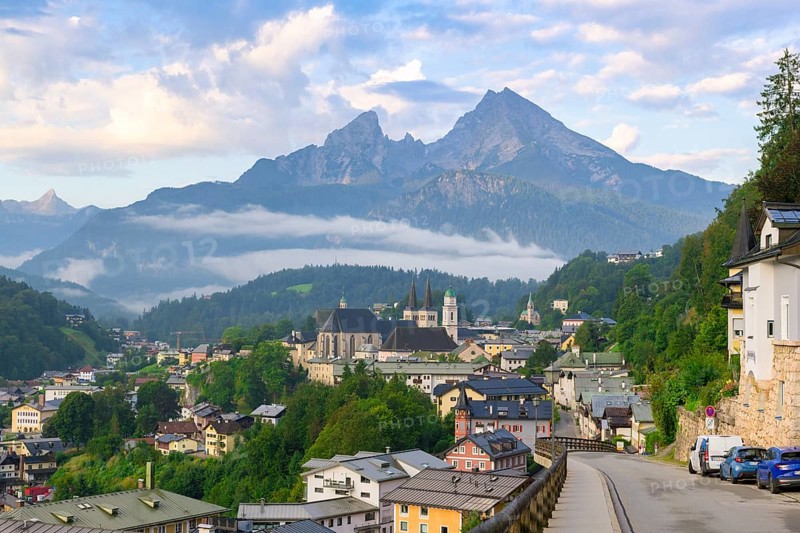 View of the village with parish churches, St Andreas and the collegiate church of St Peter and St John the Baptist, Watzmann, Berchtesgaden, Berchtesgadener Land, Upper Bavaria, Bavaria, Germany, Europe