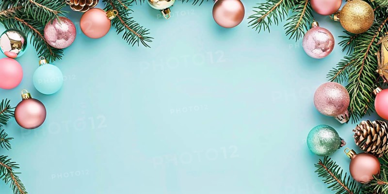 Christmas flatlay with blue, gold and pink colored tree baubles with fir branches on pastel background with copy space.. Generative Ai, AI generated