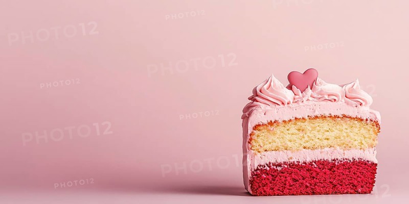 Slice of layered cake with heart on pastel pink background with copy space. Generative Ai, AI generated
