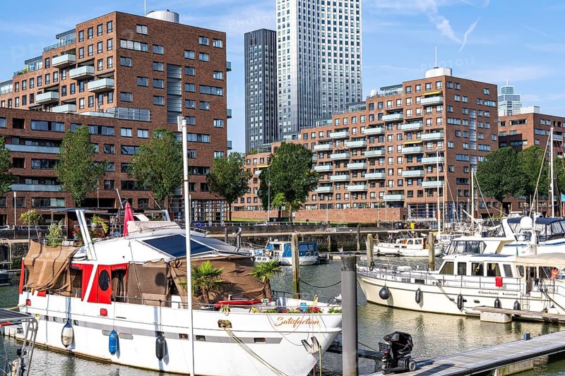 Rotterdam Marina, behind residential high-rise buildings at Spoorweghaven, pleasure craft harbour, sailing boats, motor yachts, in the inland harbour, Feijenoord district, Rotterdam, Netherlands