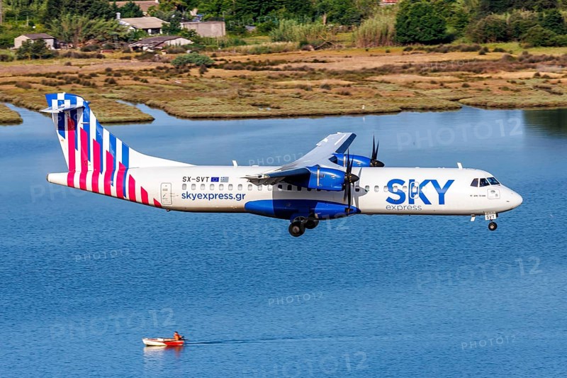 An ATR 72-600 Sky Express aircraft with the registration SX-SVT at Corfu Airport, Greece, Europe