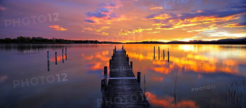 Panorama, jetty on Lake Chiemsee at sunrise, Prien am Chiemsee, Bavaria, Germany, Europe