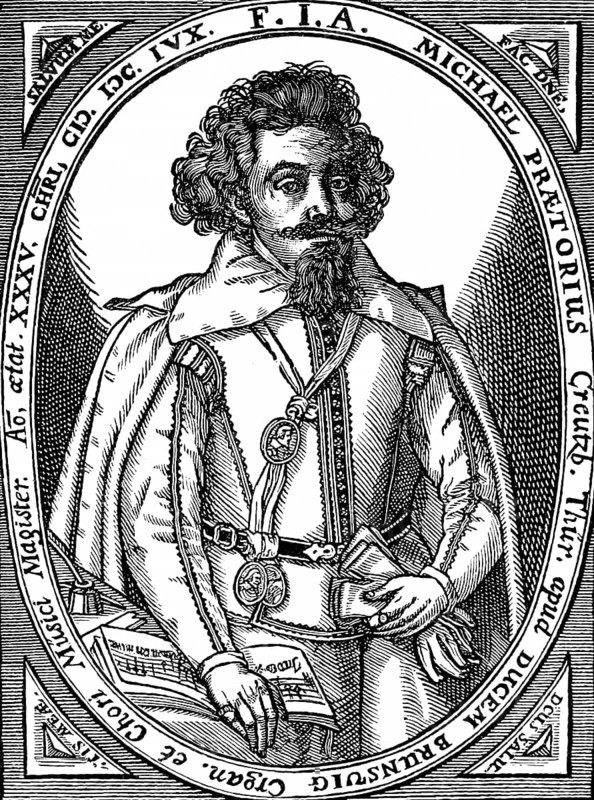 Michael Prätorius (c. 1571-1621), author of numerous chorales and the Musae Sioniae, incorporation of Italian music into hymns, Kapellmeister to the Duke of Brunswick, elegant clothing, curly hair, musical notes, serious look, history of German music, historical illustration 1892