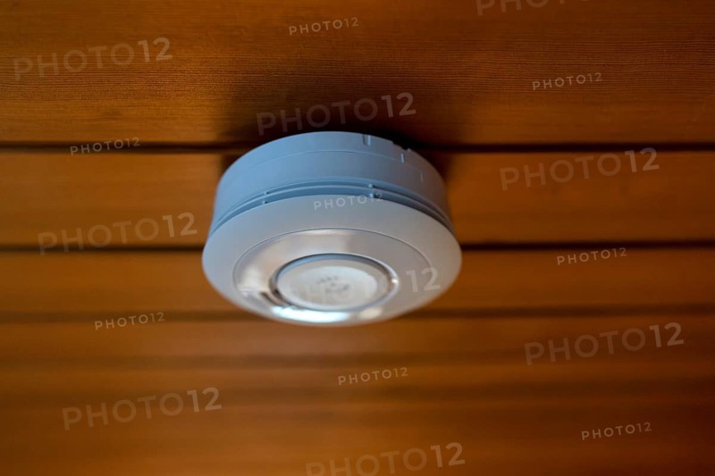 Home smoke detector, battery-operated smoke detector, wooden ceiling, building services, Stuttgart, Baden-Württemberg, Germany, Europe