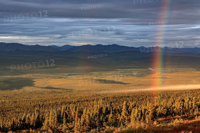 Morning light, clouds, fog, autumnal tundra, autumn colours, wilderness, rainbow, mountain landscape, Ogilvie Mountains, Dempster Highway, Yukon, Canada, North America