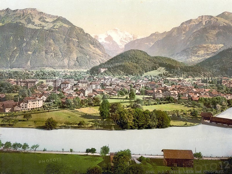 Interlaken and the Jungfrau, Aare River in foreground, Bernese Oberland, Switzerland, Historic, digitally restored reproduction from a 19th century original, Record date not stated, Interlaken and the Jungfrau, Aare River in foreground, Bernese Oberland, Switzerland, Historic, digitally restored reproduction from a 19th century original, Record date not stated, Europe