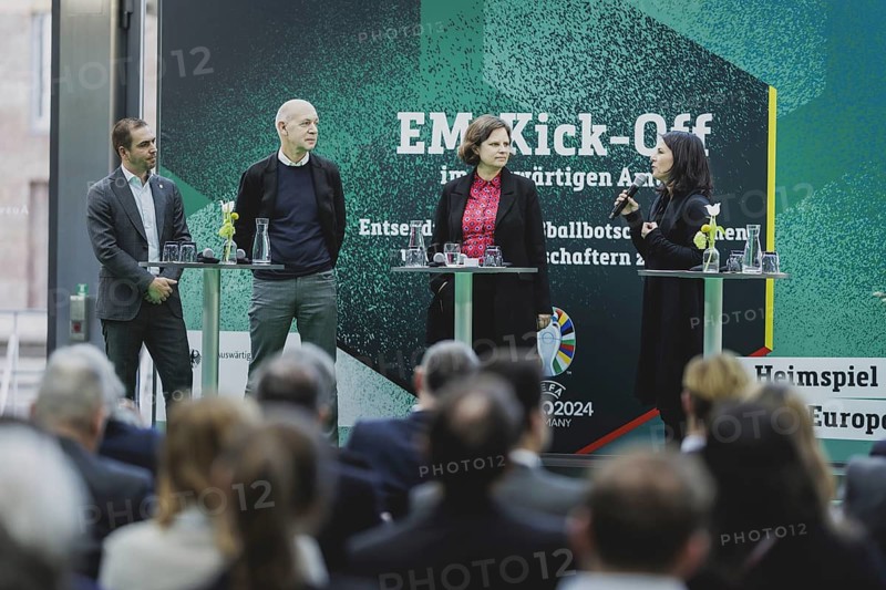 (L-R) Philipp Lahm, former professional footballer and European Championship ambassador, Bernd Neuendorf, President of the DFB, Juliane Seifert and Annalena Bärbock (Bündnis 90/Die Grünen), Federal Foreign Minister, photographed at the kick-off event for the European Football Championship in Berlin, 1 February 2024 / Photographed on behalf of the Federal Foreign Office