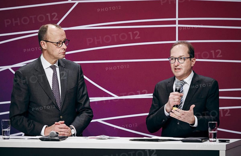 Friedrich Merz, Chairman of the CDU/CSU parliamentary group in the German Bundestag and Alexander Dobrindt, First Deputy Chairman of the CDU/CSU parliamentary group in the German Bundestag recorded at the event, Wir hören zu | Gipfel der CDU/CSU-Fraktion I Wirtschaftswende für Deutschland at the German Bundestag in Berlin, 1 February 2024