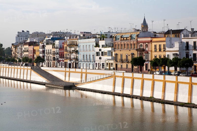 Historic houses on Calle Betis in the Triana district on the banks of the Guadalquivir river, Seville, Spain, Europe