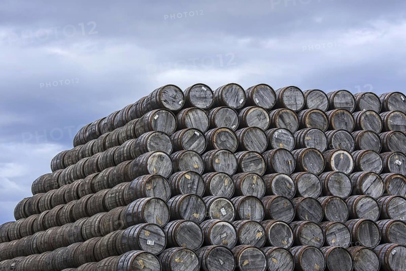Huge stacks of discarded whisky casks, barrels at Speyside Cooperage, Craigellachie, Aberlour, Banffshire, Grampian, Scotland, UK
