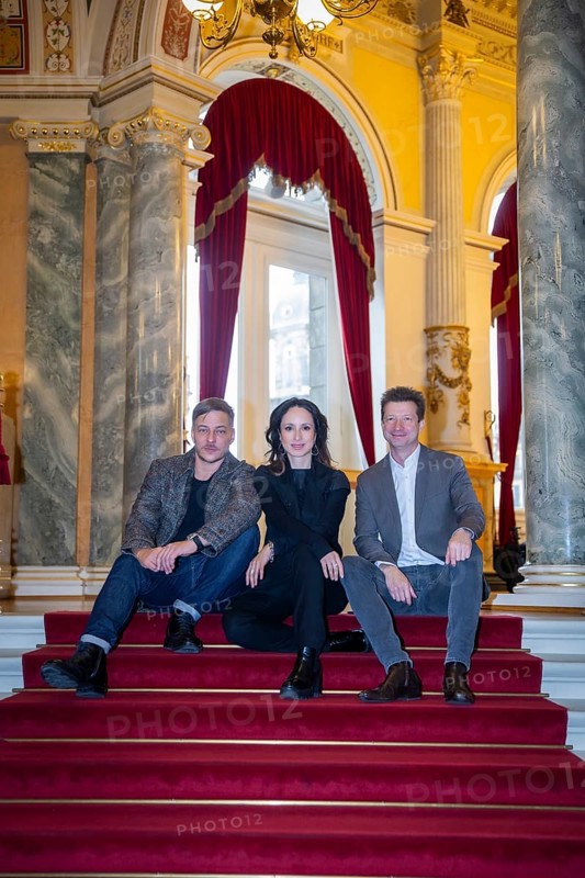 Stephanie Stumph and Tom Wlaschiha and Wolf-Dieter Jacobi, Chairman of the Semper Opera Ball e.V. - Press event for the presentation of the Semper Opera Ball 2024, Dresden, Saxony, Germany, Europe