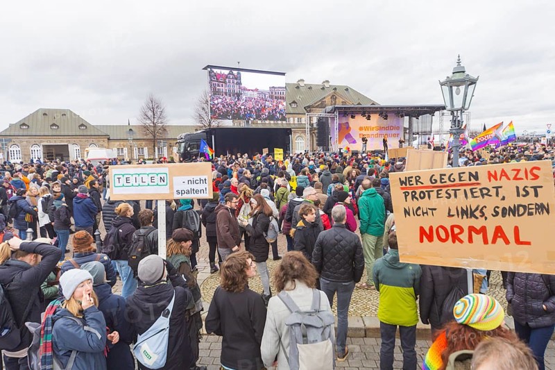 160 organisations and initiatives demonstrated against the right in Dresden on Saturday. Around 10, 000 participants marched from Theaterplatz in front of the Semper Opera House through the city centre, Dresden, Saxony, Germany, Europe