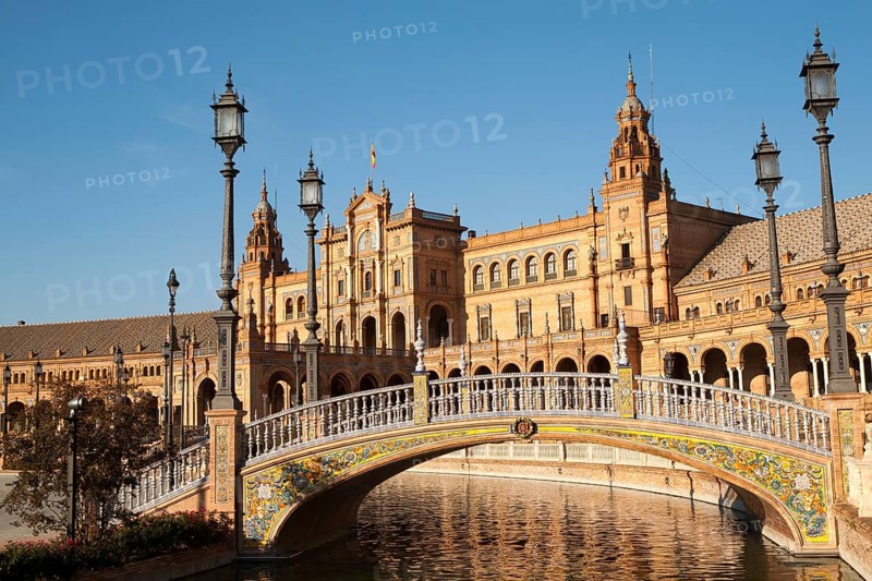 The Plaza de España, Seville, Spain built for the Ibero-American Exposition of 1929. It is a landmark example of the Renaissance Revival style in Spanish architecture