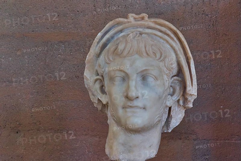 Portrait of the Roman Emperor Nero, detailed bust from antiquity with head wreath, made of light-coloured marble, Archaeological Museum, Archea Korinthos, Corinth, Peloponnese, Greece, Europe