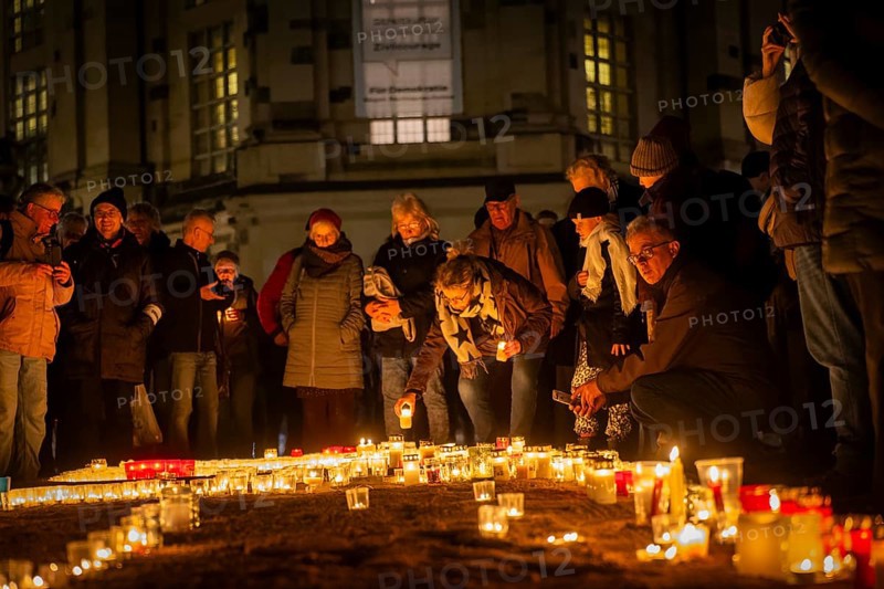 On 13 and 14 February 1945, Dresden was heavily destroyed in three Allied bombing raids. Every year, the people of Dresden commemorate this event at various events. A giant candle, into which citizens could place small candles, commemorates the event in front of the rebuilt Church of Our Lady, Dresden, Saxony, Germany, Europe