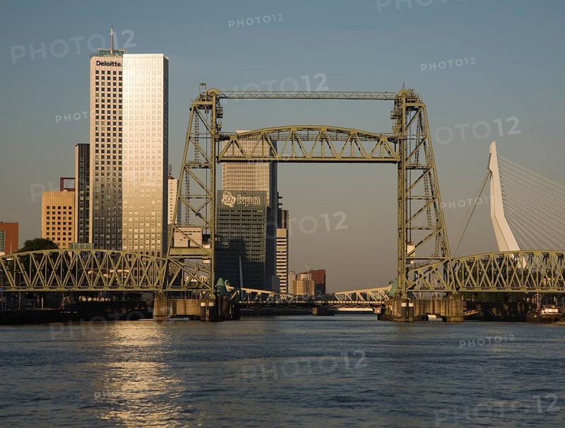 Early morning sunshine on the River Maas and de Hef railway bridge, Koningshaven, Rotterdam, Netherlands