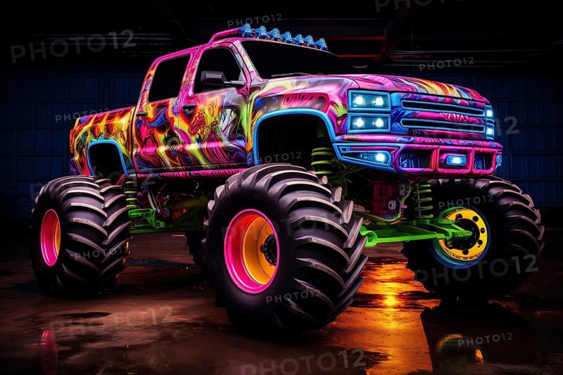 Monster truck illuminated by neon lights, excitement and thrill of an extreme sport and entertainment monster truck stunts racing show, AI generated