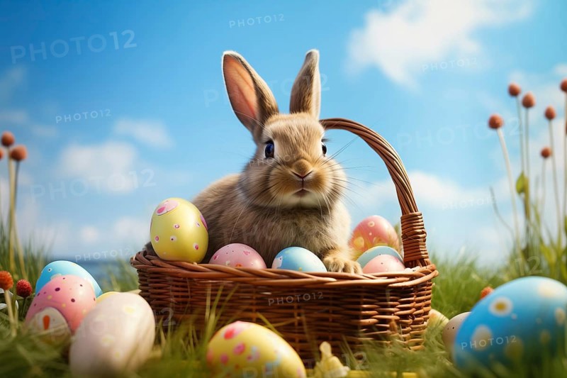 Cute Easter bunny sits beside a basket filled with colorful, decorated eggs amidst a vibrant green field under the bright, sunny sky. The festive spirit of Easter and the joy of nature, AI generated