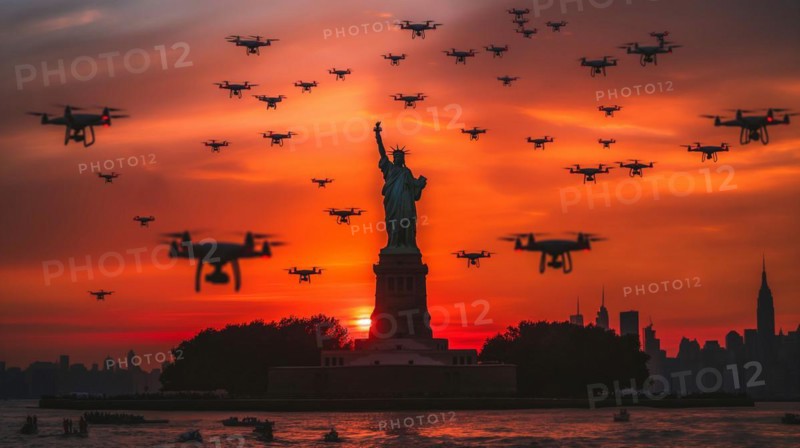 Swarm of UAV unmanned aircraft drones flying near the United States statue of liberty in new york, AI generated