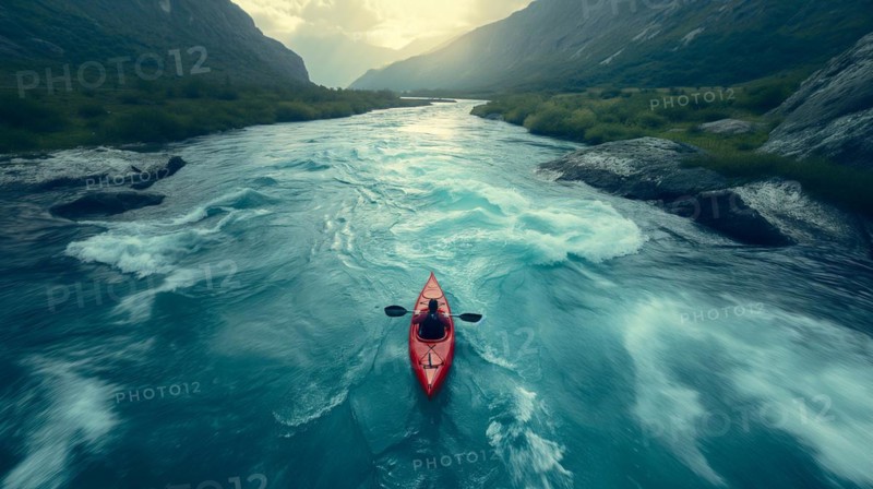Aerial view of A kayaker paddling the rapids of a beautiful mountain river. generative AI, AI generated