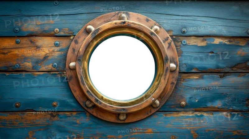Vintage aged brass ship porthole mounted on a wooden hull with a white background. generative AI, AI generated