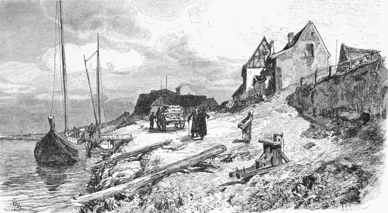 Village on the river Nogat, Poland, village, rural, riverbank, footbridge, wooden barge, transport, wooden wagon, people, building, historical illustration 1880, Europe