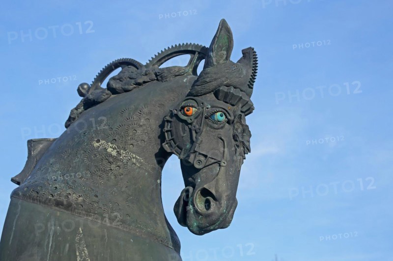 Sculpture Anscavallo by Jürgen Goertz 1993, horse figure, abstract, modern art, bizarre, whimsical, black, bronze, free-standing, horse head, detail, eyes, promenade, Schlossplatz, Ansbach, Middle Franconia, Franconia, Bavaria, Germany, Europe