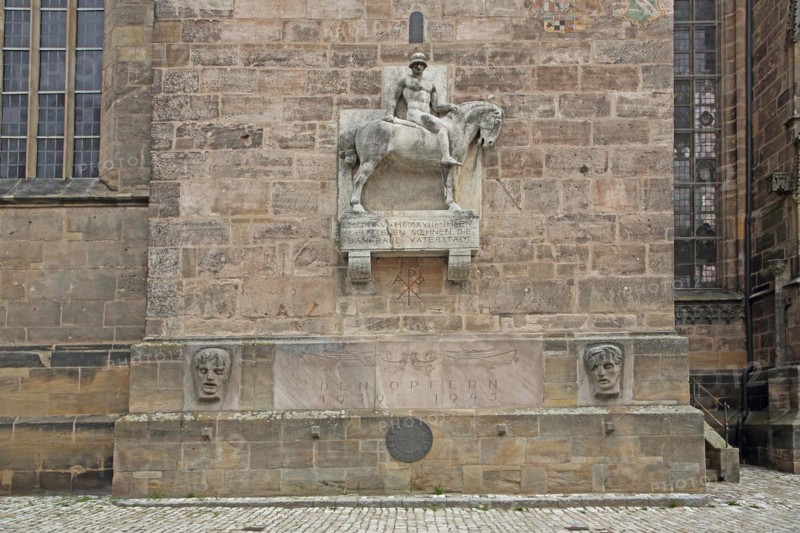 War memorial with equestrian figure at St John's Church, sculpture, stone, Ansbach, Middle Franconia, Franconia, Bavaria, Germany, Europe