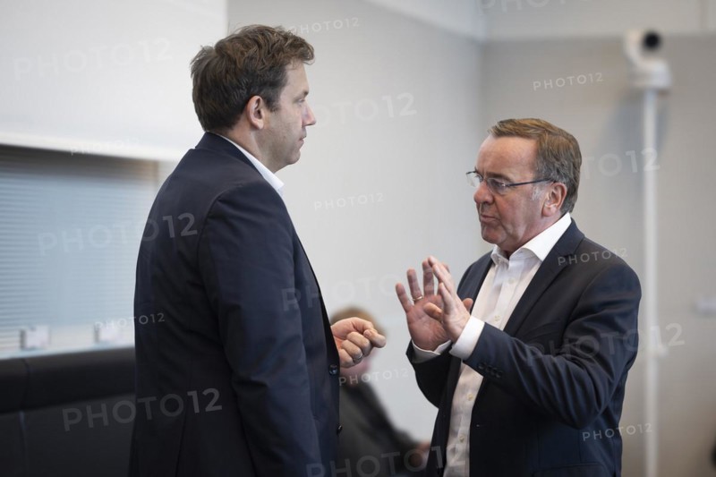 Boris Pistorius (SPD), Federal Minister of Defence and Lars Klingbeil, SPD party chairman, in conversation, recorded during the SPD parliamentary group meeting in Berlin, 12.03.2024