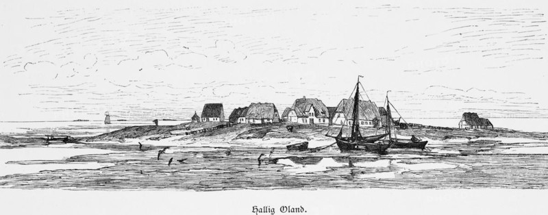 Hallig Oland, North Frisia, North Sea, Schleswig-Holstein, Wadden Sea, low tide, terp, sailing ships, buildings, Germany, historical illustration 1880, Europe