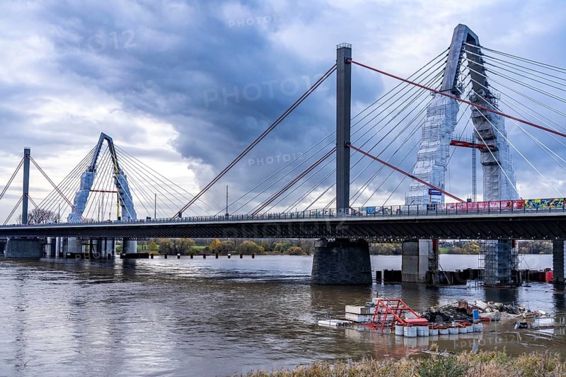 New construction of the A1 motorway bridge over the Rhine near Leverkusen, after completion of the new bridge, the old one in front will be demolished and another, for a total of 8 lanes, will be rebuilt at the same place, flood, Leverkusen, North Rhine-Westphalia, Germany, Europe