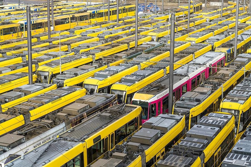 Warning strikes in local public transport, Ruhrbahn trams at the depot, VERDI union members on strike, no trains running, Essen, North Rhine-Westphalia, Germany, Europe