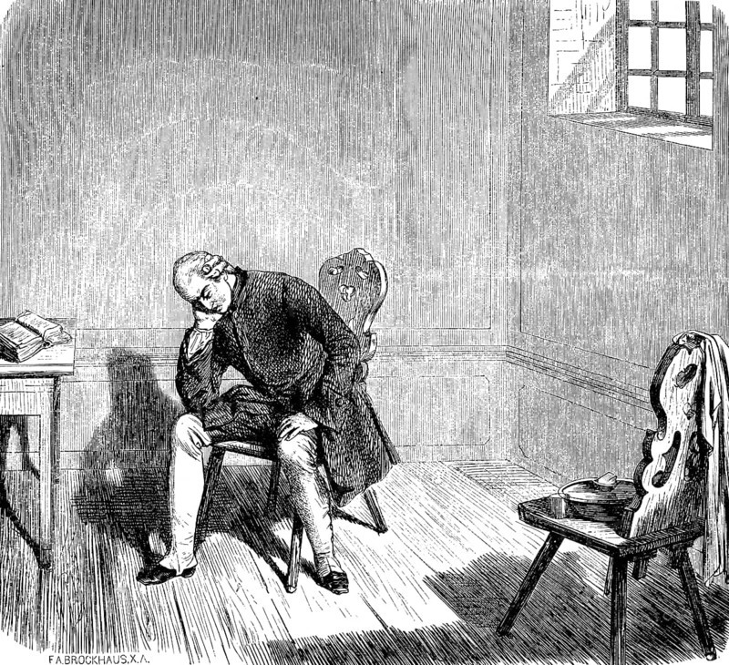 After his escape, the crown prince in prison in Küstrin, room, chairs, table, barred window, sitting, falling, sadness, thoughtful, dismayed, desperate, Prussian history, Poland, historical illustration 1882, Europe
